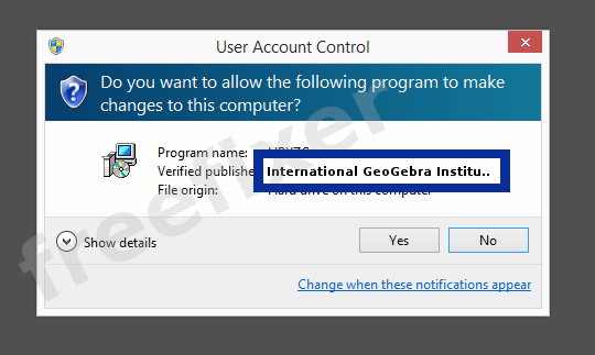 Screenshot where International GeoGebra Institute appears as the verified publisher in the UAC dialog